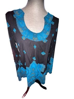 INC International Concepts Turquoise Blue & Black Paisley Boho Long Sleeve Top